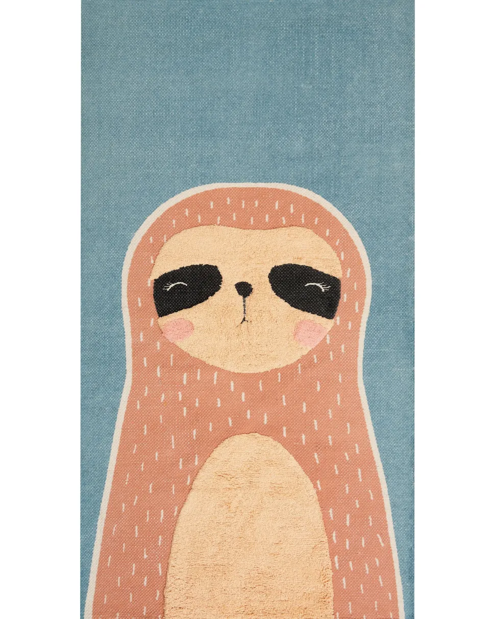 Tapete Em Algodao Azul E Laranja Com Impressao De Preguica 80 X 150 Cm Isak