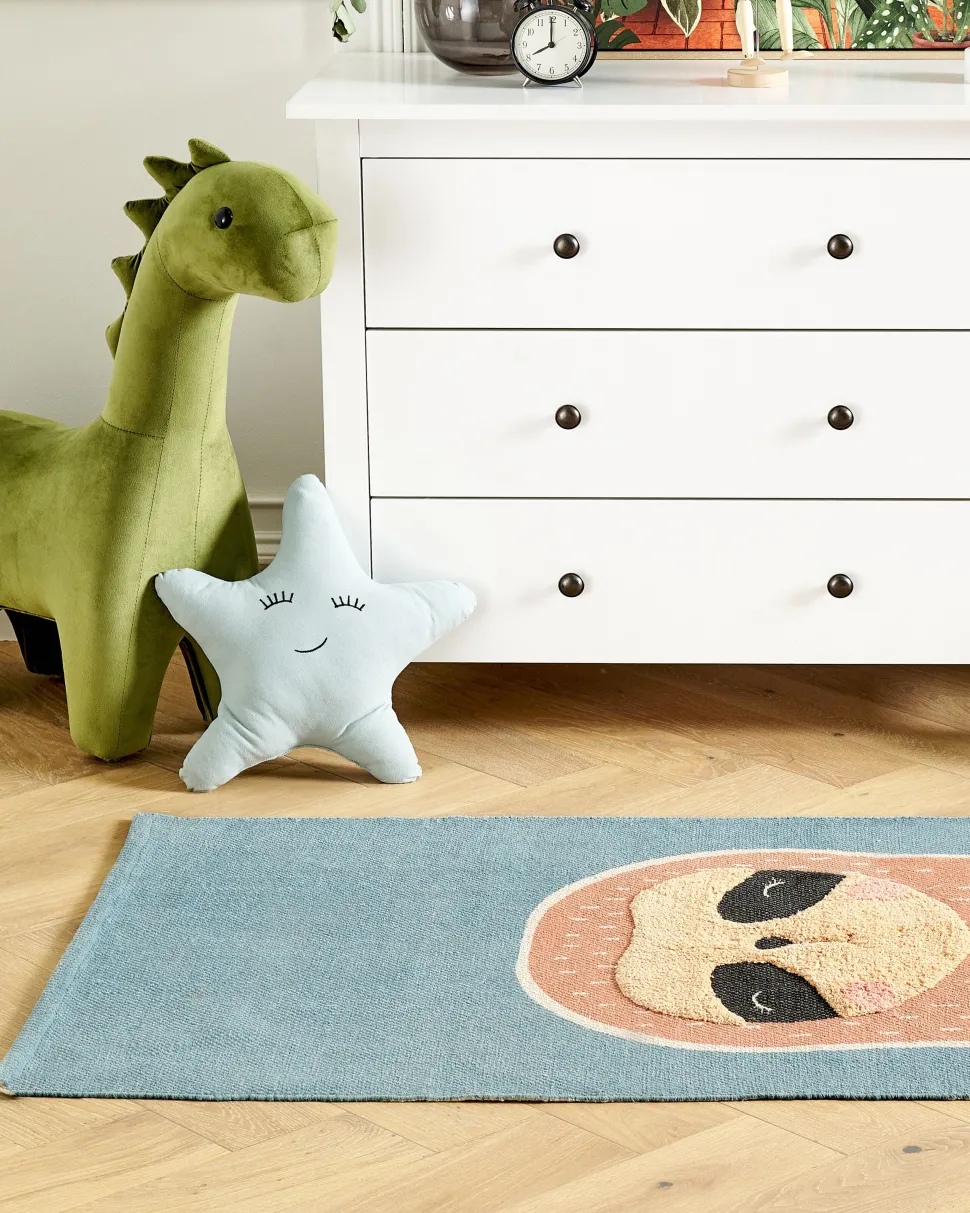 Tapete Em Algodao Azul E Laranja Com Impressao De Preguica 80 X 150 Cm Isak