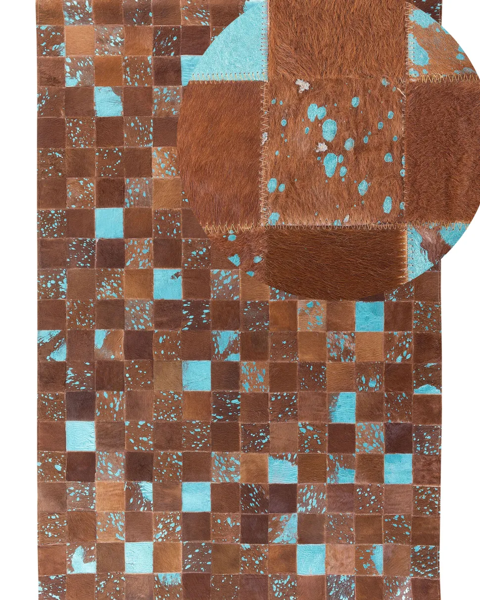 Tapete Em Pele Genuina Castanha E Azul 160 X 230 Cm Aliaga