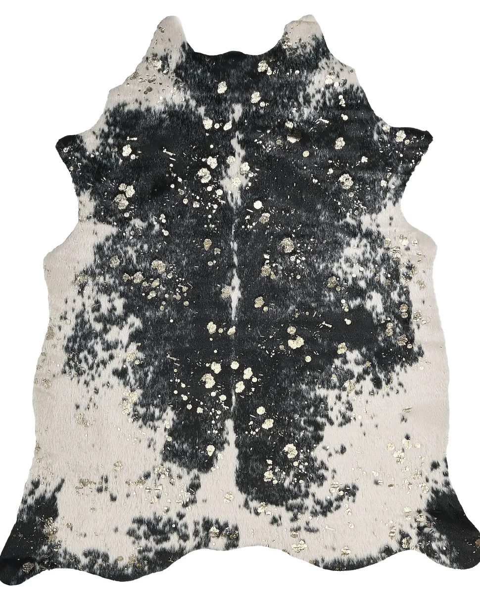 Tapete Em Pele Sintetica De Vaca Preta E Branca E Dourado 150 X 200 Cm Bogong