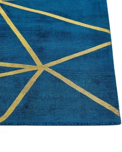 Tapete Em Viscose Azul Marinho E Dourado Com Padrao Geometrico 80 X 150 Cm Havza