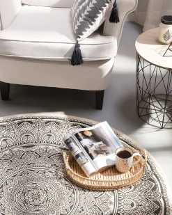 Tapete Redondo De Algodao Creme E Preto O 120 Cm Hizan