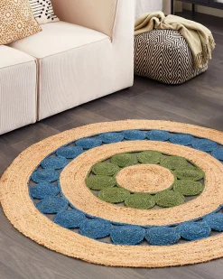 Tapete Redondo De Juta Azul E Verde 140 Cm Hovit