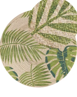 Tapete Redondo De Juta Com Folhas Creme E Verde 140 Cm Bugay