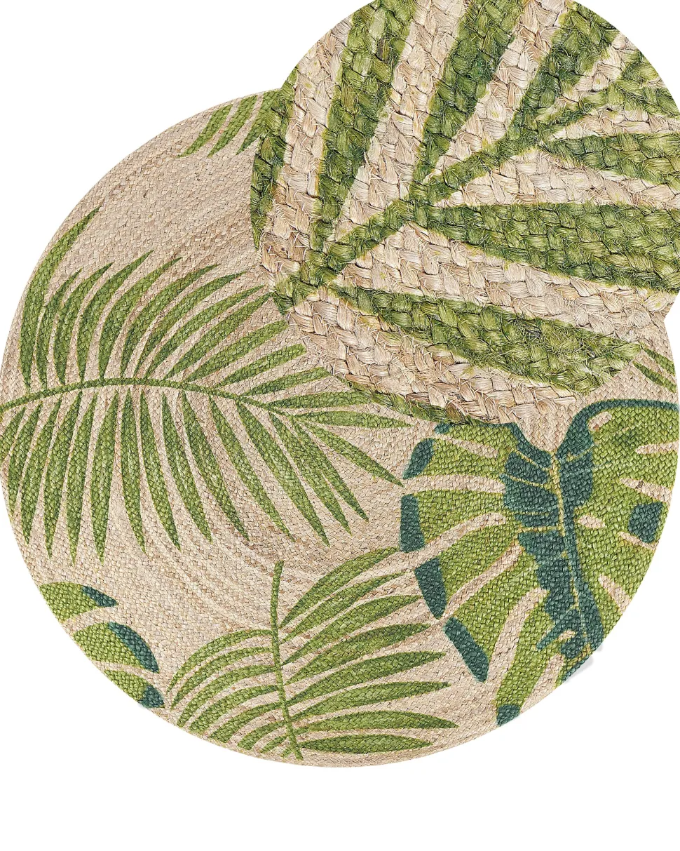 Tapete Redondo De Juta Com Folhas Creme E Verde 140 Cm Bugay