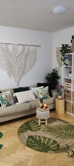 Tapete Redondo De Juta Com Folhas Creme E Verde 140 Cm Bugay