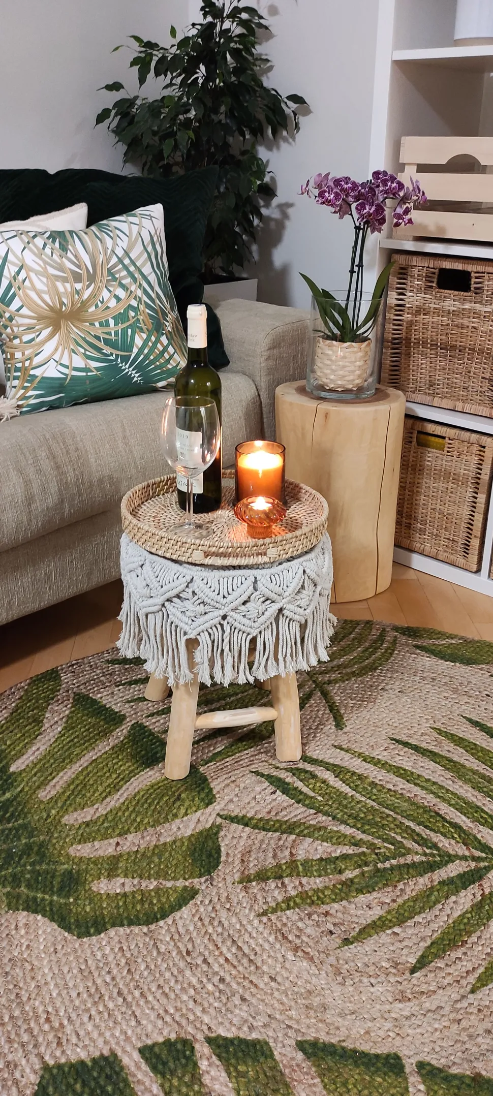 Tapete Redondo De Juta Com Folhas Creme E Verde 140 Cm Bugay