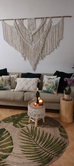 Tapete Redondo De Juta Com Folhas Creme E Verde 140 Cm Bugay