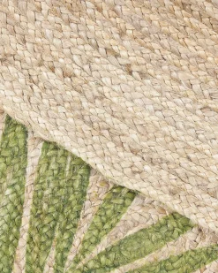 Tapete Redondo De Juta Com Folhas Creme E Verde 140 Cm Bugay