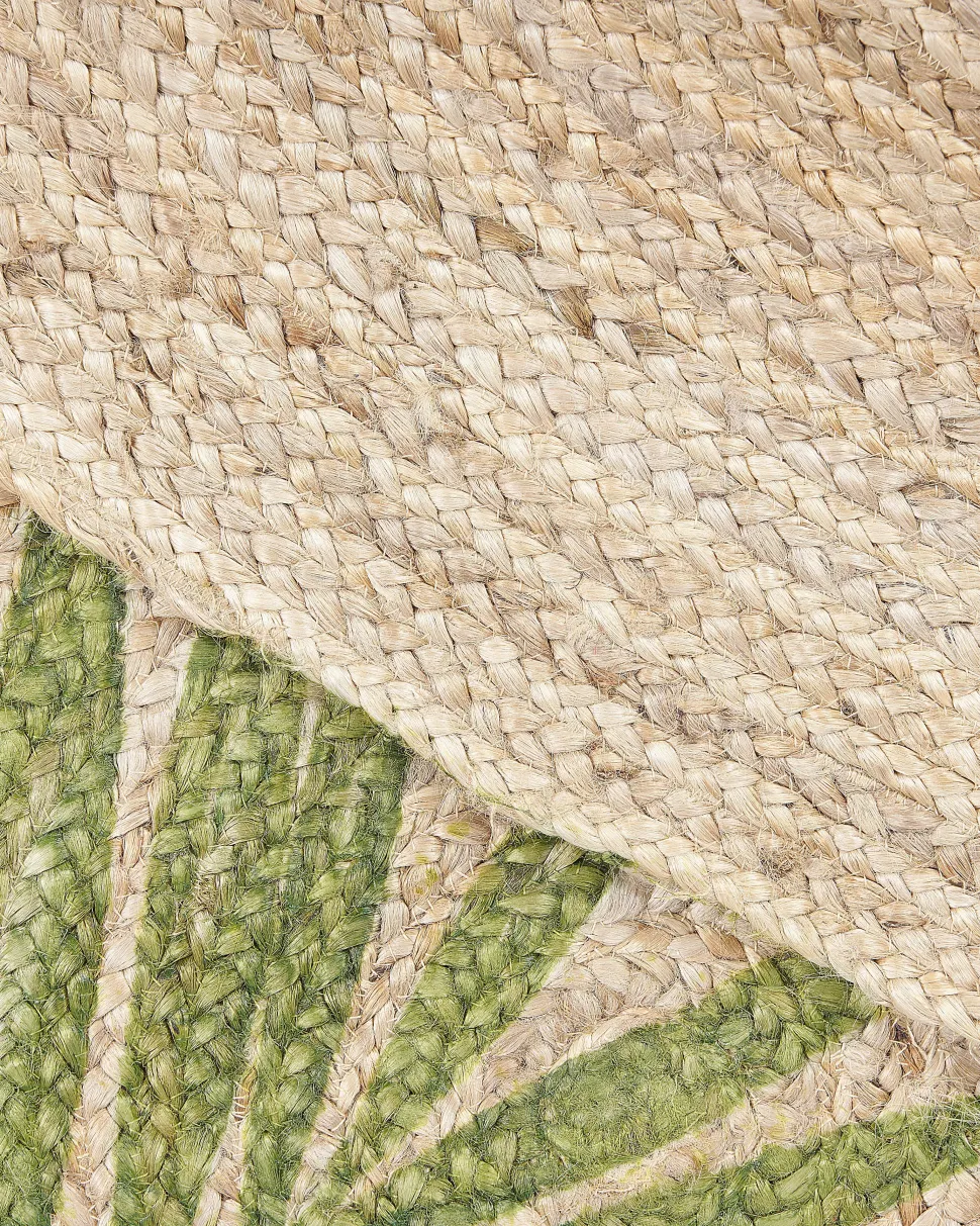 Tapete Redondo De Juta Com Folhas Creme E Verde 140 Cm Bugay