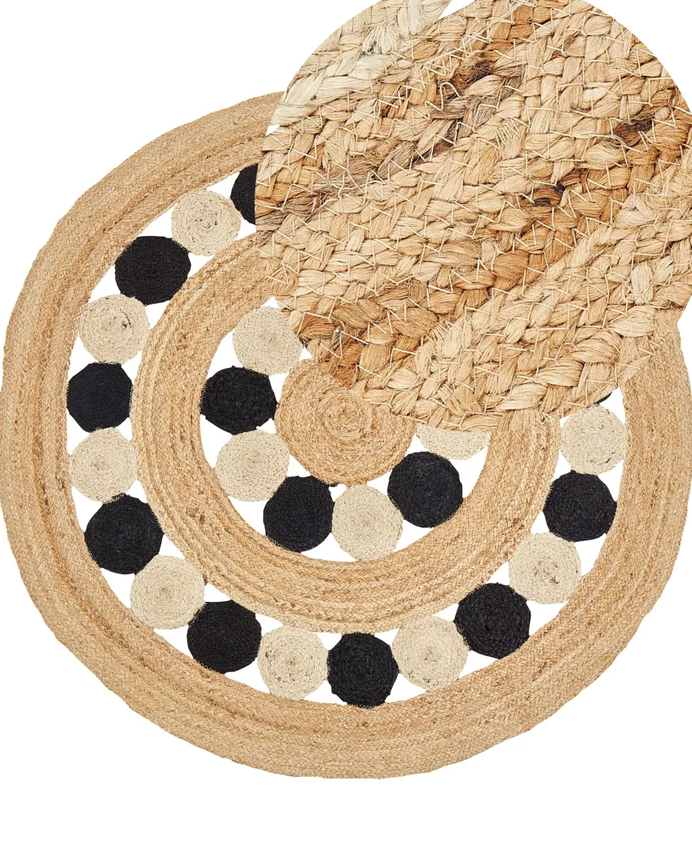 Tapete Redondo De Juta Creme E Preta 140 Cm Hovit
