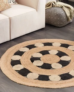 Tapete Redondo De Juta Creme E Preta 140 Cm Hovit
