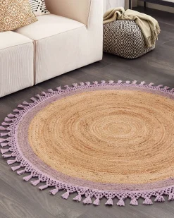 Tapete Redondo De Juta Creme E Roxa 140 Cm Marts