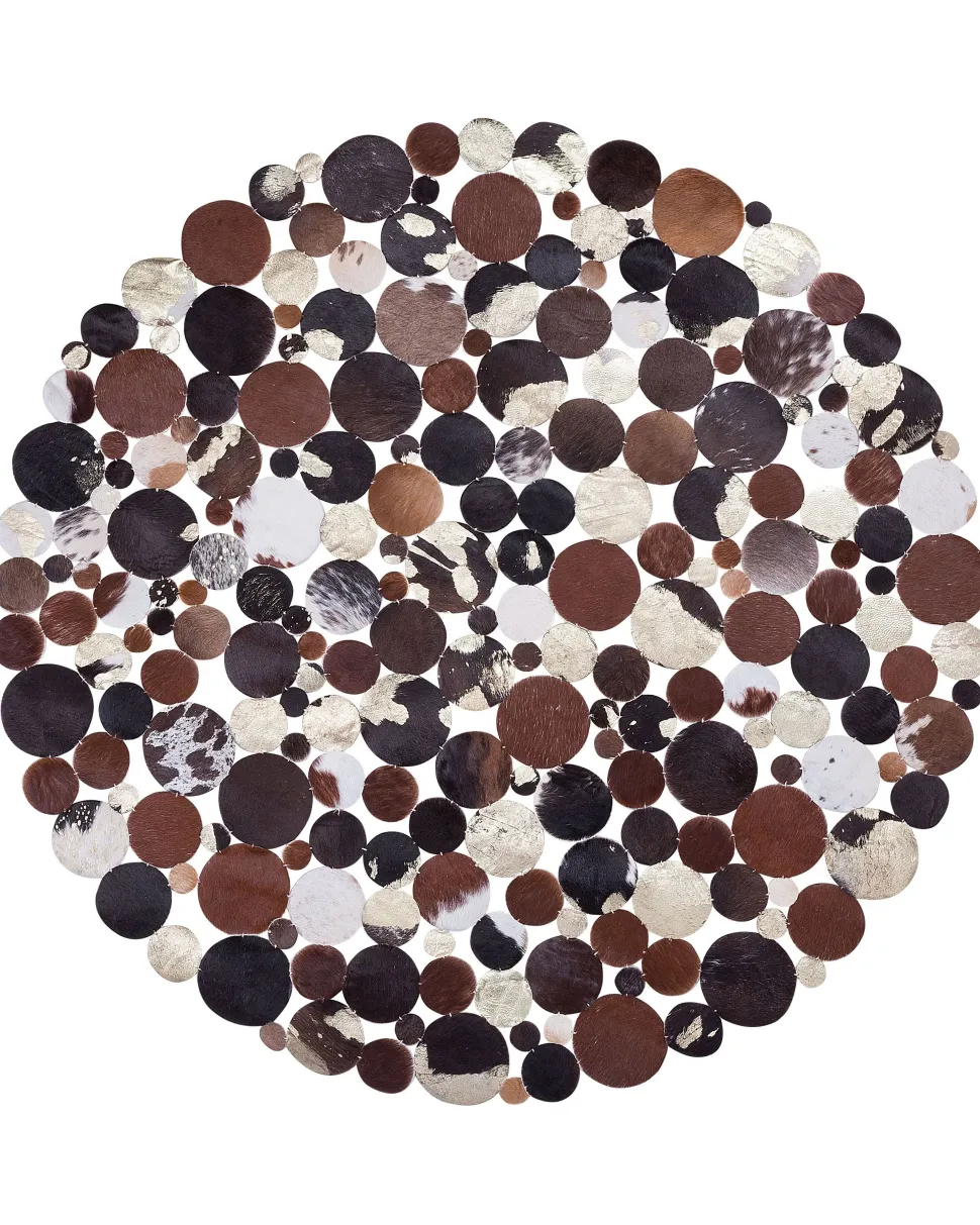 Tapete Redondo De Pele Genuina Castanha E Dourada 140 Cm Sorgun