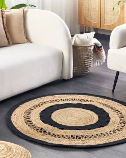 Tapete Redondo Em Algodao E Juta Creme E Preto 120 Cm Yozgat