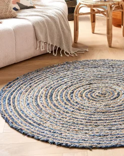 Tapete Redondo Em Algodao Azul E Creme 140 Cm Leventler