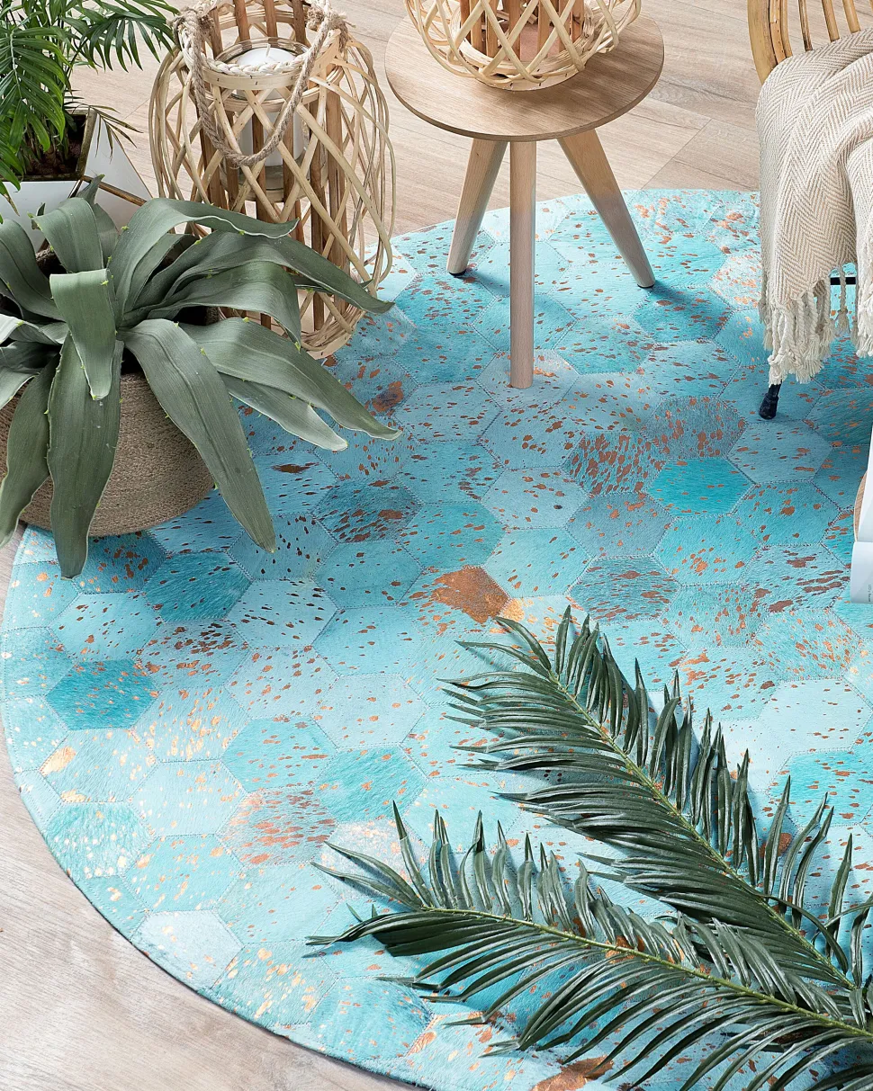 Tapete Redondo Em Pele Genuina Azul Turquesa 140 Cm Zeytin