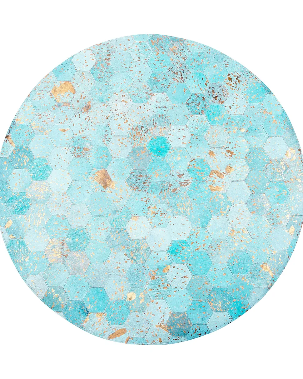 Tapete Redondo Em Pele Genuina Azul Turquesa 140 Cm Zeytin