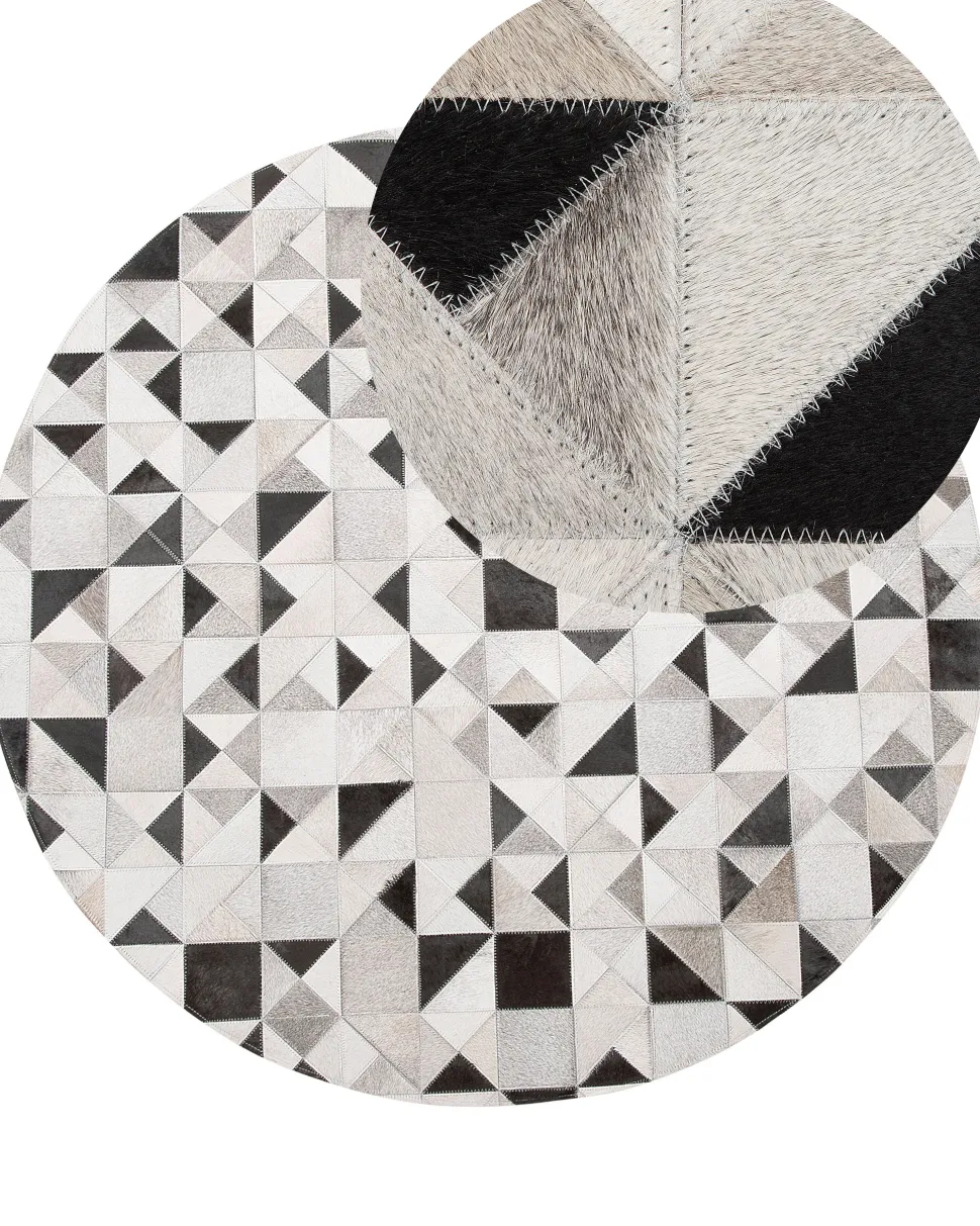 Tapete Redondo Em Pele Genuina Cinzenta E Preta 140 Cm Kirklar