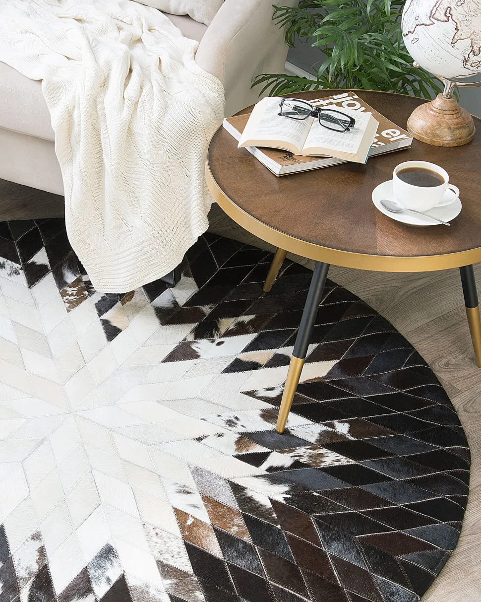 Tapete Redondo Em Pele Genuina Preta E Branca 140 Cm Keles