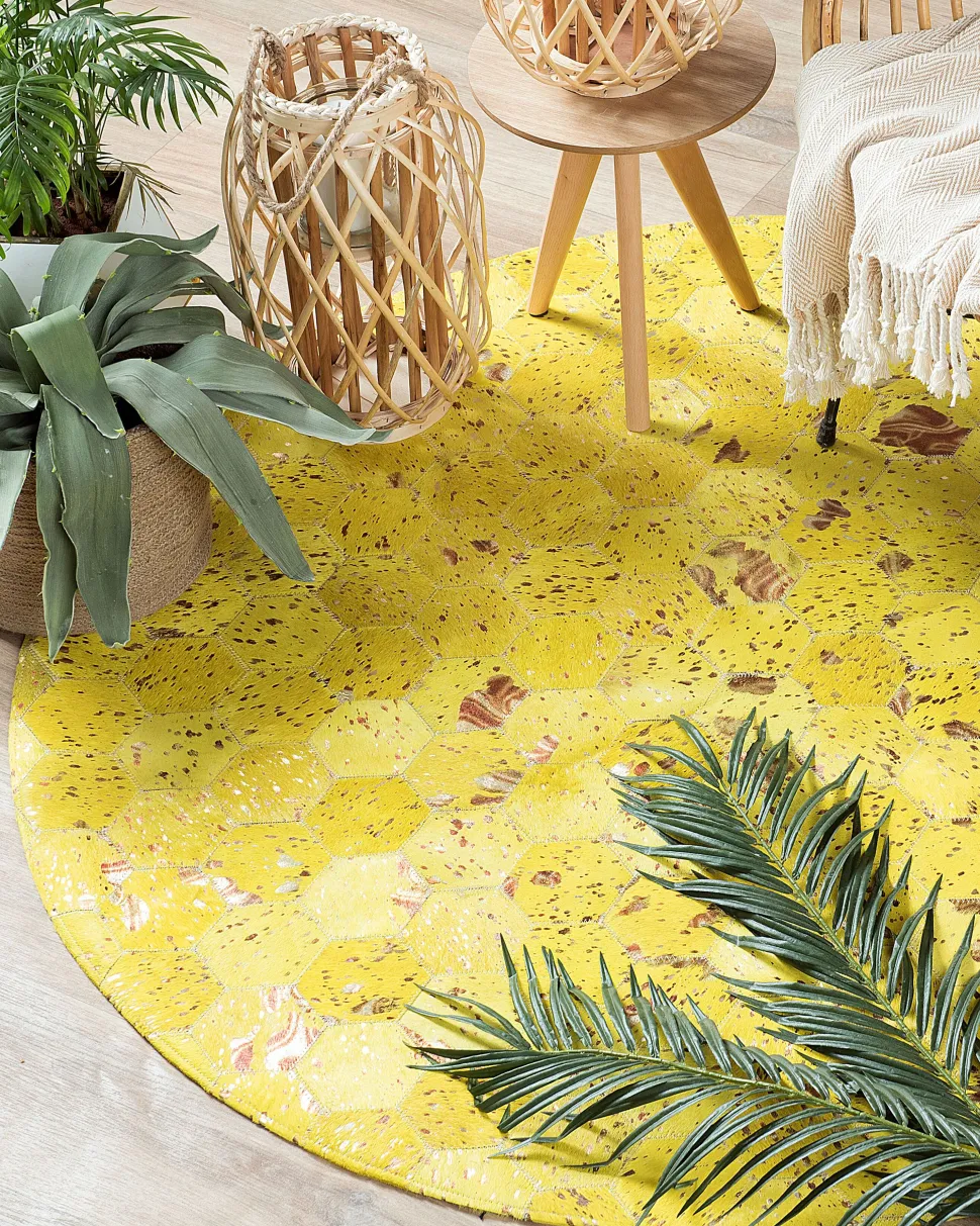 Tapete Redondo Em Pele Genuina Amarela 140 Cm Zeytin