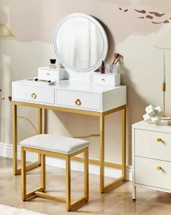 Toucador Com 4 Gavetas E Banco Branco E Dourado Auxon