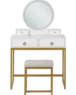 Toucador Com 4 Gavetas E Banco Branco E Dourado Auxon