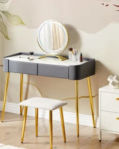 Toucador Com 2 Gavetas E Banco Cinzento E Dourado Surin