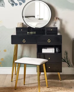 Toucador Com 6 Gavetas E Banco Preto E Dourado Yves