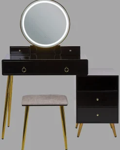 Toucador Com 6 Gavetas E Banco Preto E Dourado Yves