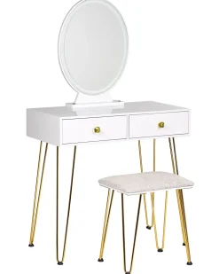 Toucador Com 2 Gavetas E Banco Branco E Dourado Caen