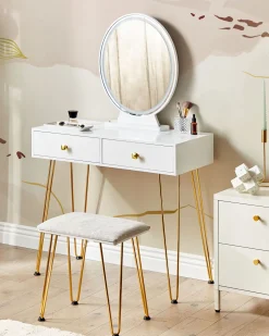 Toucador Com 2 Gavetas E Banco Branco E Dourado Caen