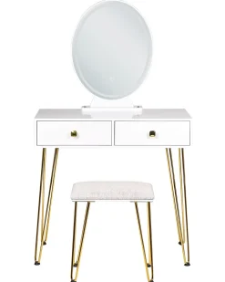 Toucador Com 2 Gavetas E Banco Branco E Dourado Caen