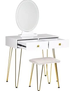 Toucador Com 2 Gavetas E Banco Branco E Dourado Caen