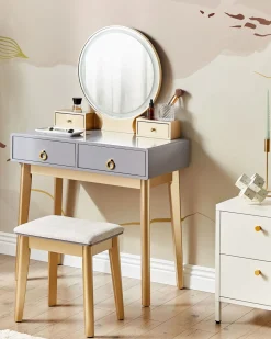 Toucador Com 4 Gavetas E Banco Cinzento E Dourado Fedry