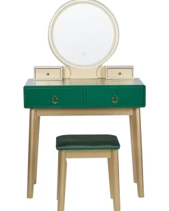 Toucador Com 4 Gavetas E Banco Verde Esmeralda E Dourado Fedry