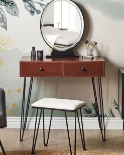 Toucador Com 2 Gavetas E Banco Cor De Madeira Escura E Preto Loix