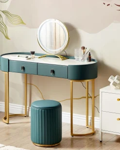 Toucador Com 2 Gavetas E Pufe Verde Escuro E Dourado Vinax