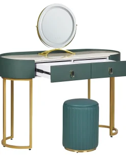 Toucador Com 2 Gavetas E Pufe Verde Escuro E Dourado Vinax