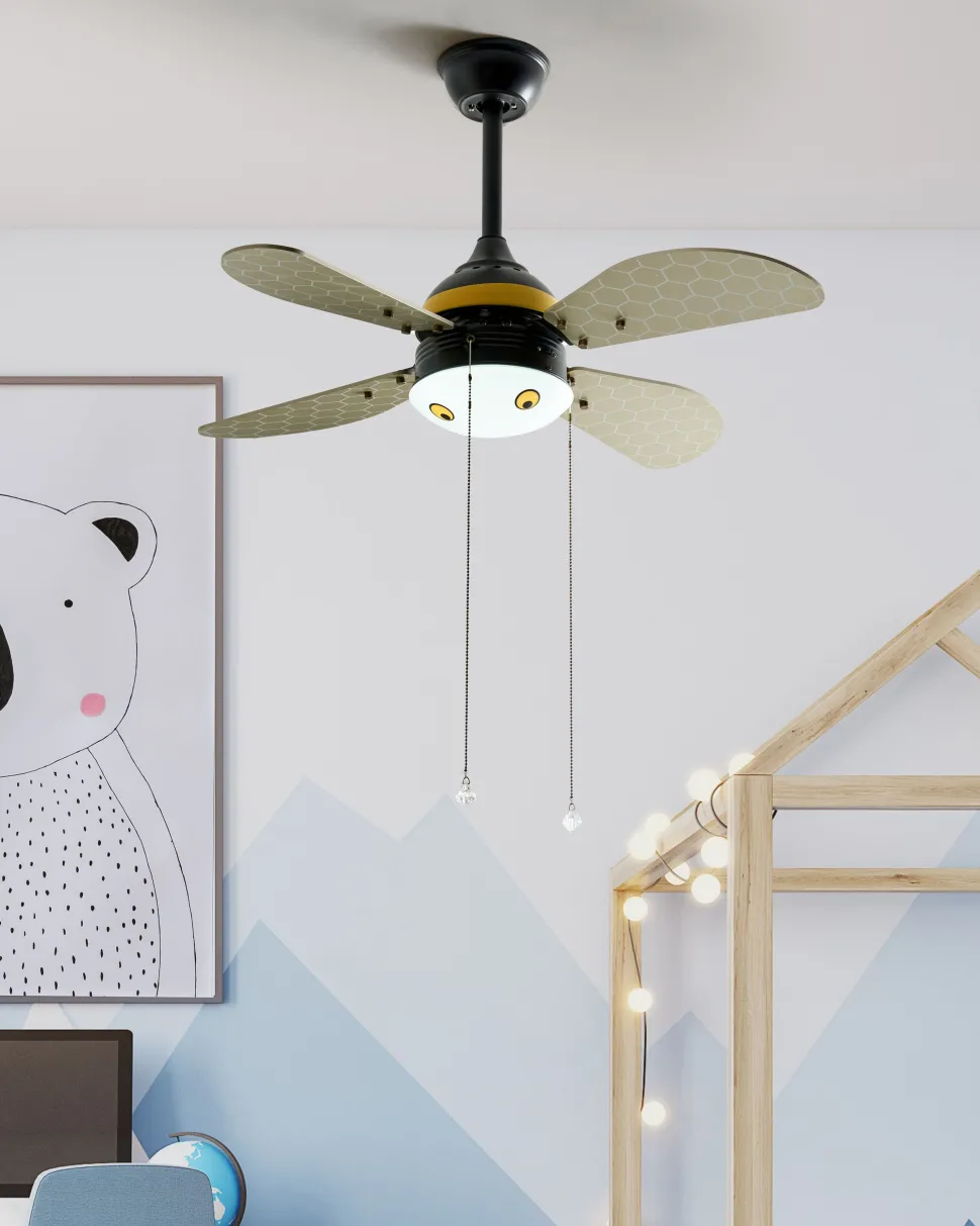 Ventoinha De Teto Preta E Amarela Com Iluminação Dolores